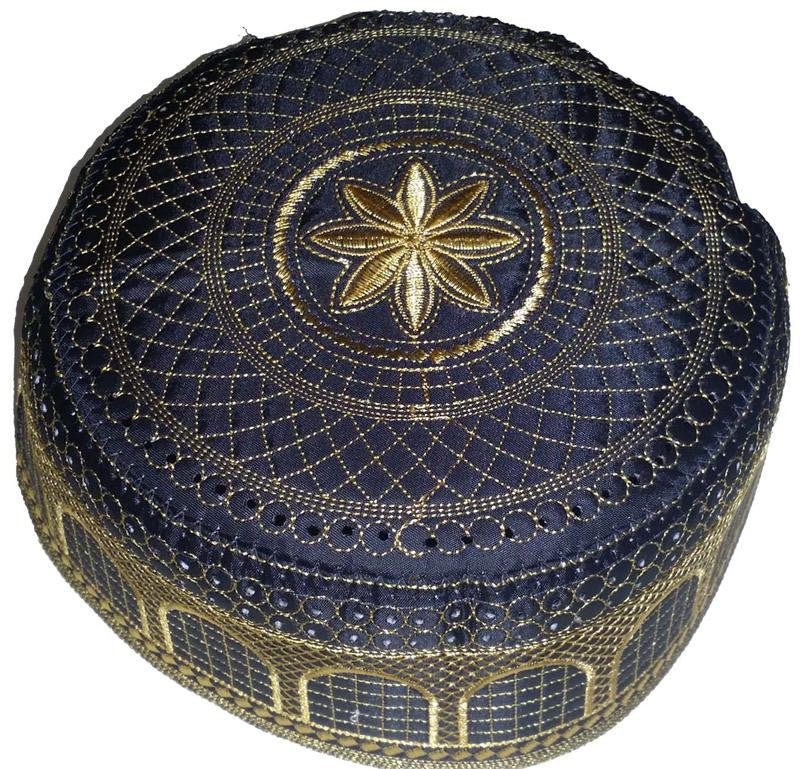 Arabic Black Kufi with Golden Thread Embroidery for Men - Islamic clothing